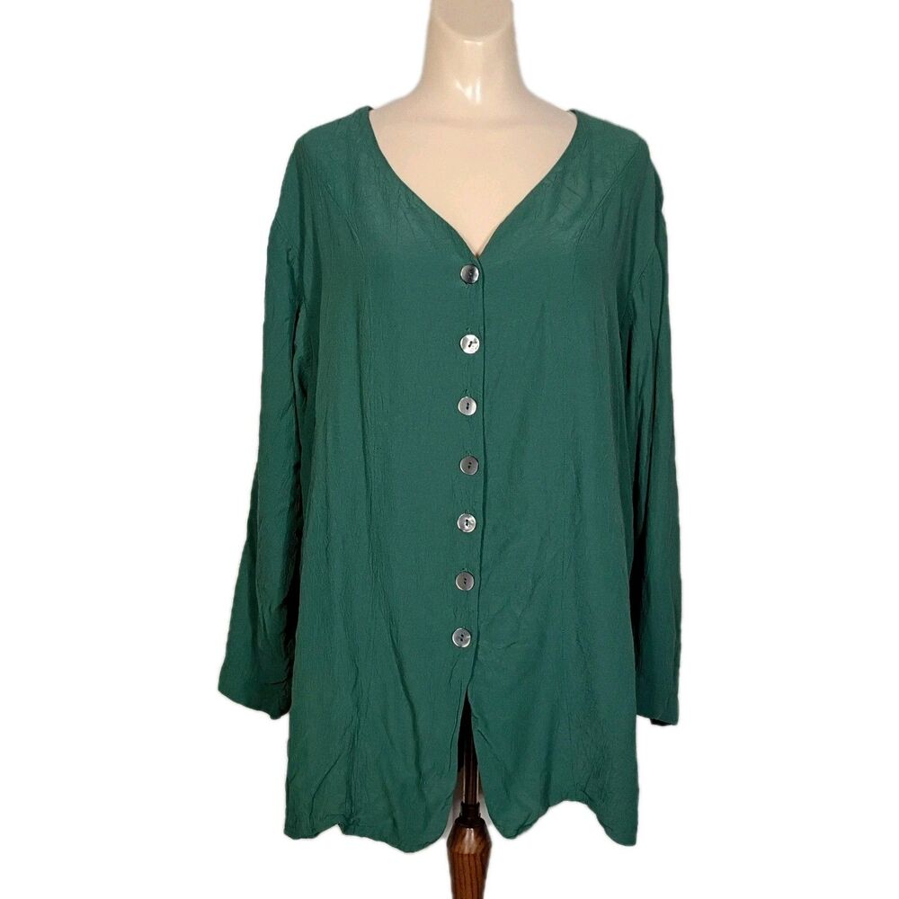 Vintage Express 90s Oversized Green Blouse Pearl Buttons V Neck Crinkle M Loose